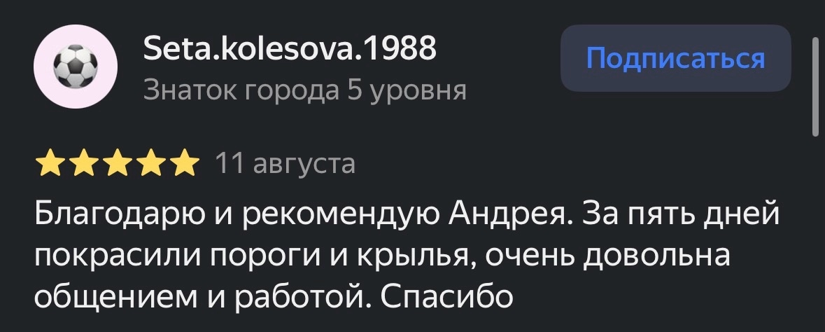 Отзыв клиента на 5 звёзд о покраске порогов и крыльев